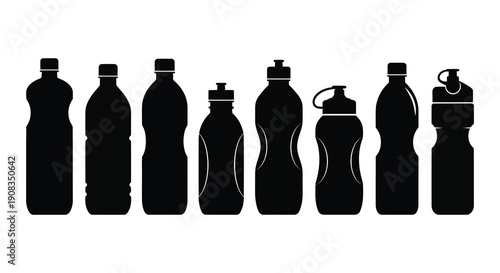 A collection of various black silhouette water bottles lined up horizontally showcasing different shapes and designs high quality