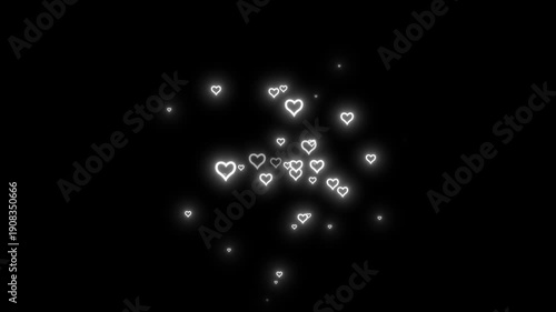 Valentines day neon heart particles animation, romantic love symbols on black background, wedding video overlay effect, glowing white hearts floating, cinematic motion graphics. 4k video
