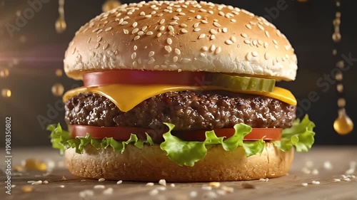 Juicy sesame bun cheeseburger with lettuce tomato cheese.