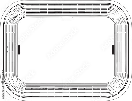 A detailed technical drawing of a rectangular object with intricate internal structures.