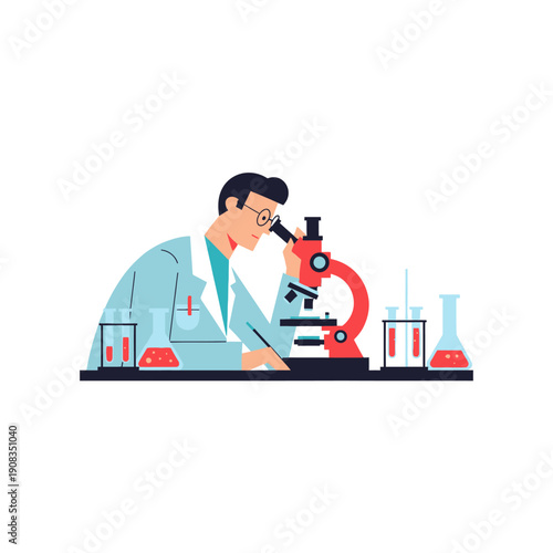 Scientist in lab coat using microscope, conducting research with test tubes and beakers