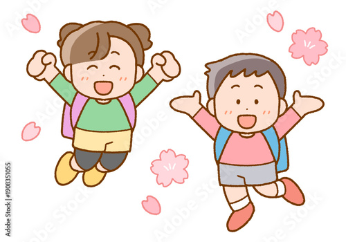 新学期に使える桜と新1年生のイラスト