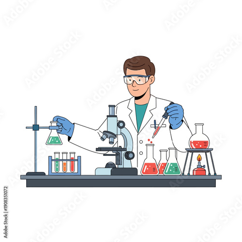 Scientist conducting experiment with microscope and beakers in laboratory