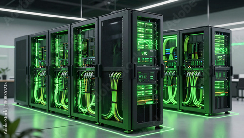 Advanced AI Supercomputer Data Center with Neon Green Lighting