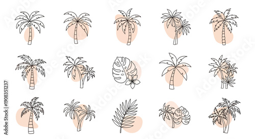 Collection of minimalist line art palm tree illustrations with tropical leaves and abstract shapes.