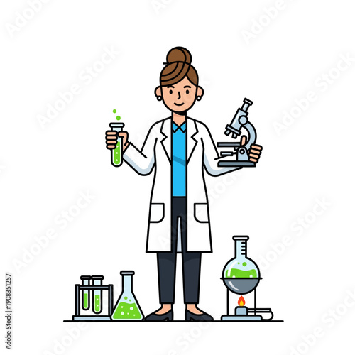 Female scientist holding test tube and microscope, conducting research in laboratory