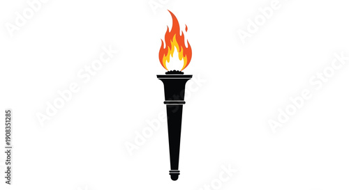 A striking illustration depicts a black torch with a vibrant detailed flame rising upwards against a white background