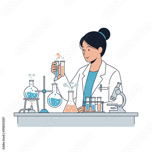 Scientist working in laboratory with test tubes and microscope, conducting experiment