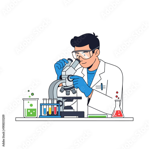 Scientist in lab coat and goggles using microscope with colorful liquids in beakers and test tubes