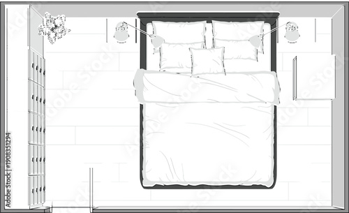 Top view bedroom line art illustration, modern double bed with pillows, bedside lamps, wardrobe, interior layout, minimalist home design concept