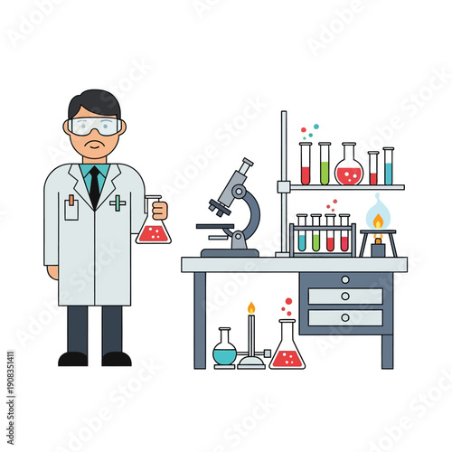 Scientist in Lab Coat Holding Flask with Red Liquid, Microscope and Test Tubes