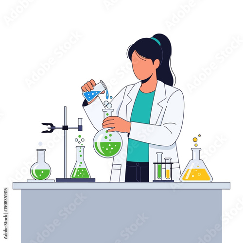 Scientist Pouring Liquid into Flask in Laboratory, Green Chemical Reaction