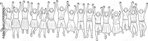 Happy diverse people jumping with raised hands line art illustration, celebration teamwork success concept, energetic group, minimalist outline style