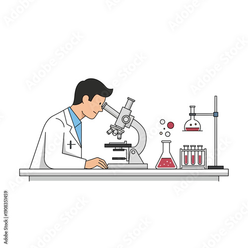 Scientist examining sample under microscope in laboratory with test tubes and flasks