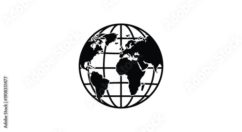 A stark black and white depiction of the earth shown as a globe with visible continental outlines and gridlines