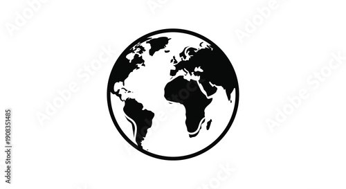 A stark black and white illustration depicts the earth showcasing continents and oceans within a circular frame high quality professional