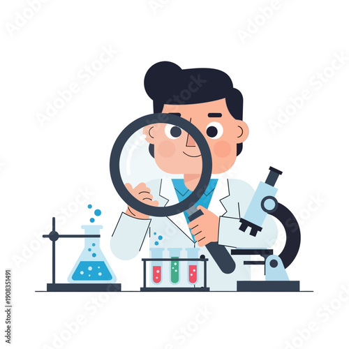 Scientist with Magnifying Glass and Microscope in Laboratory