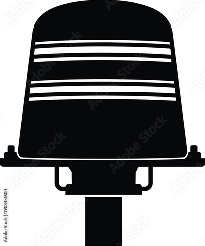 A black traffic light on a pole with horizontal lines in a urban setting viewed from the front