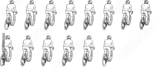 Cyclist riding bicycle rear view collection, continuous motion sequence illustration, urban commuting, active lifestyle, transportation concept isolated on white