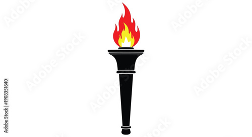 A striking graphic illustration depicts a black torch with a vibrant flickering flame against a white background
