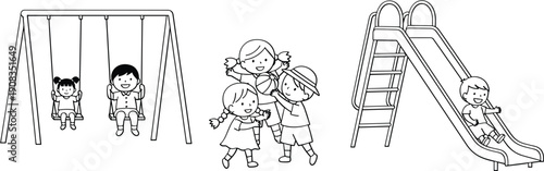 Cute kids playground outline illustration, children playing swing and slide, happy childhood activity, park equipment, black white vector coloring page