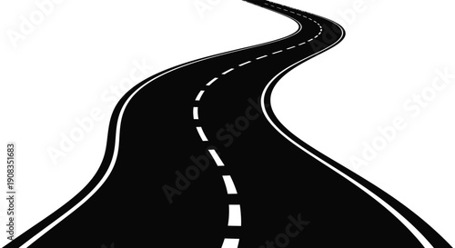 A winding black road stretches into the distance depicted with a simple illustrative style and white markings
