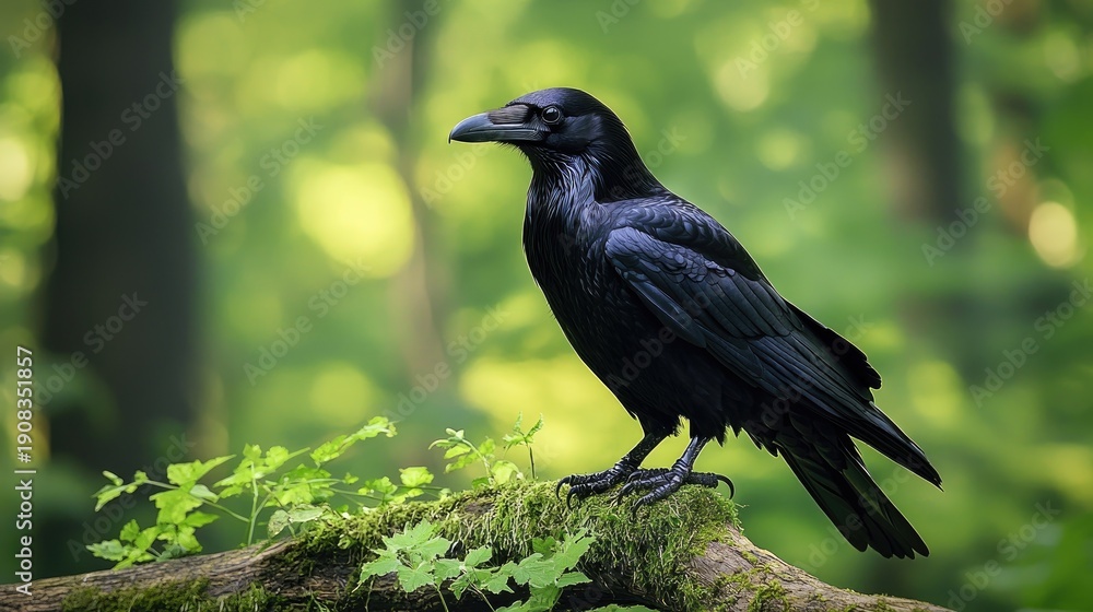 Naklejka premium A black crow perched on a mossy log in a lush green forest.