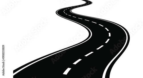 A winding black road with dashed white lane markings curves dynamically across a plain white background high quality