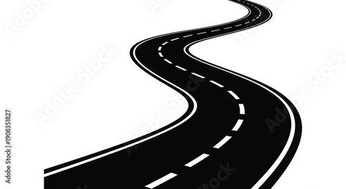 A winding black road with dashed white lane markings curves dramatically against a plain white background high quality