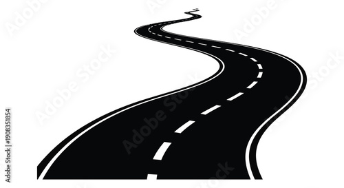 A winding black road with white dashed lane markings curves dramatically across a stark white background high quality