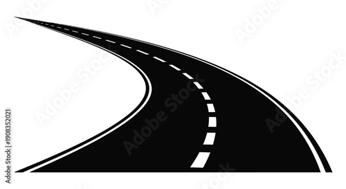 A curving black road with dashed white lane markings is depicted against a stark white background high quality