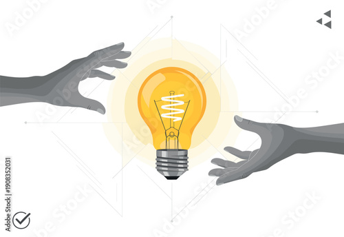 Creative idea concept with hands reaching toward a glowing light bulb representing inspiration brainstorming and professional collaboration.