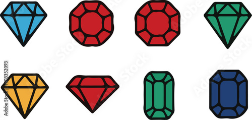 Colorful diamond set in a flat style. Gemstone icons in a linear minimal style. Vector icon logo design diamonds.