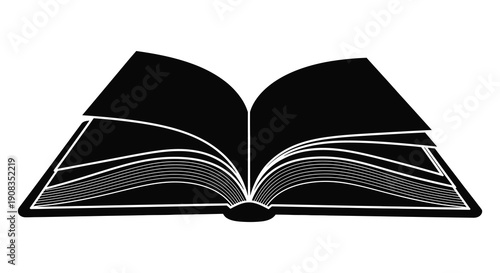 An open book illustration depicted in a stark black silhouette against a plain white background suggesting knowledge