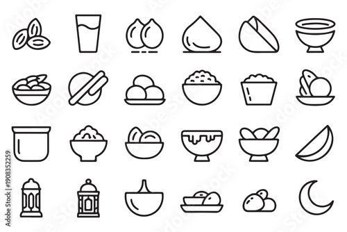 Ramadan kareem iftar suhoor eid food icons set line style, traditional islamic meal, holiday dishes