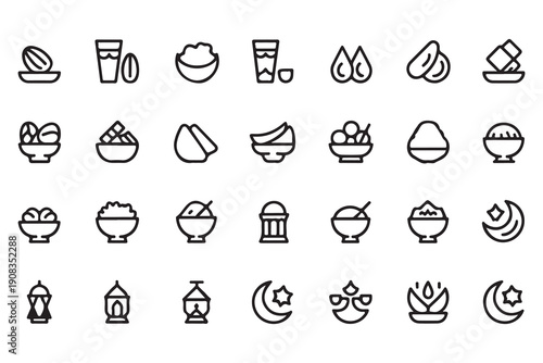 Ramadan food iftar suhoor eid icons line style, traditional islamic meal, holiday dishes