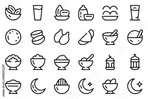 Ramadan kareem suhoor iftar eid food icons set line style, traditional islamic meal, holiday dishes