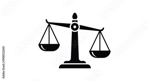 A stark black silhouette depicts traditional scales of justice symbolizing legal fairness and equitable balance high quality professional