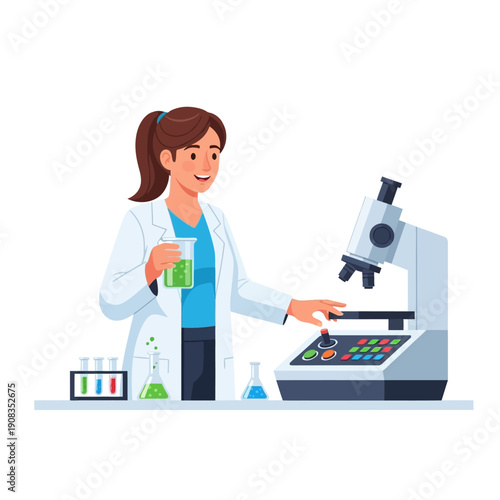 Scientist Woman Working in Laboratory with Microscope and Test Tubes