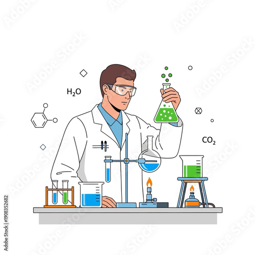 Scientist conducts chemical experiment with green liquid in flask, laboratory equipment, H2O, CO2
