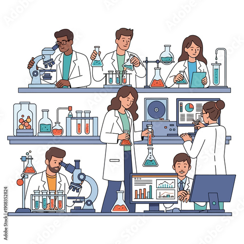 Diverse scientists in a modern laboratory conducting experiments with microscopes and equipment