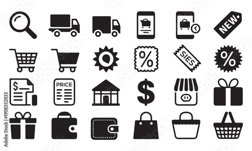 This vector set of e-commerce shopping icons includes business symbols like a cart, basket, gift box, credit card, and money bag for web store sale and delivery signs