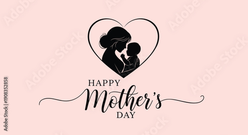 Mother's Day greeting card template with silhouette of mother and child in heart, vector illustration for banner or poster