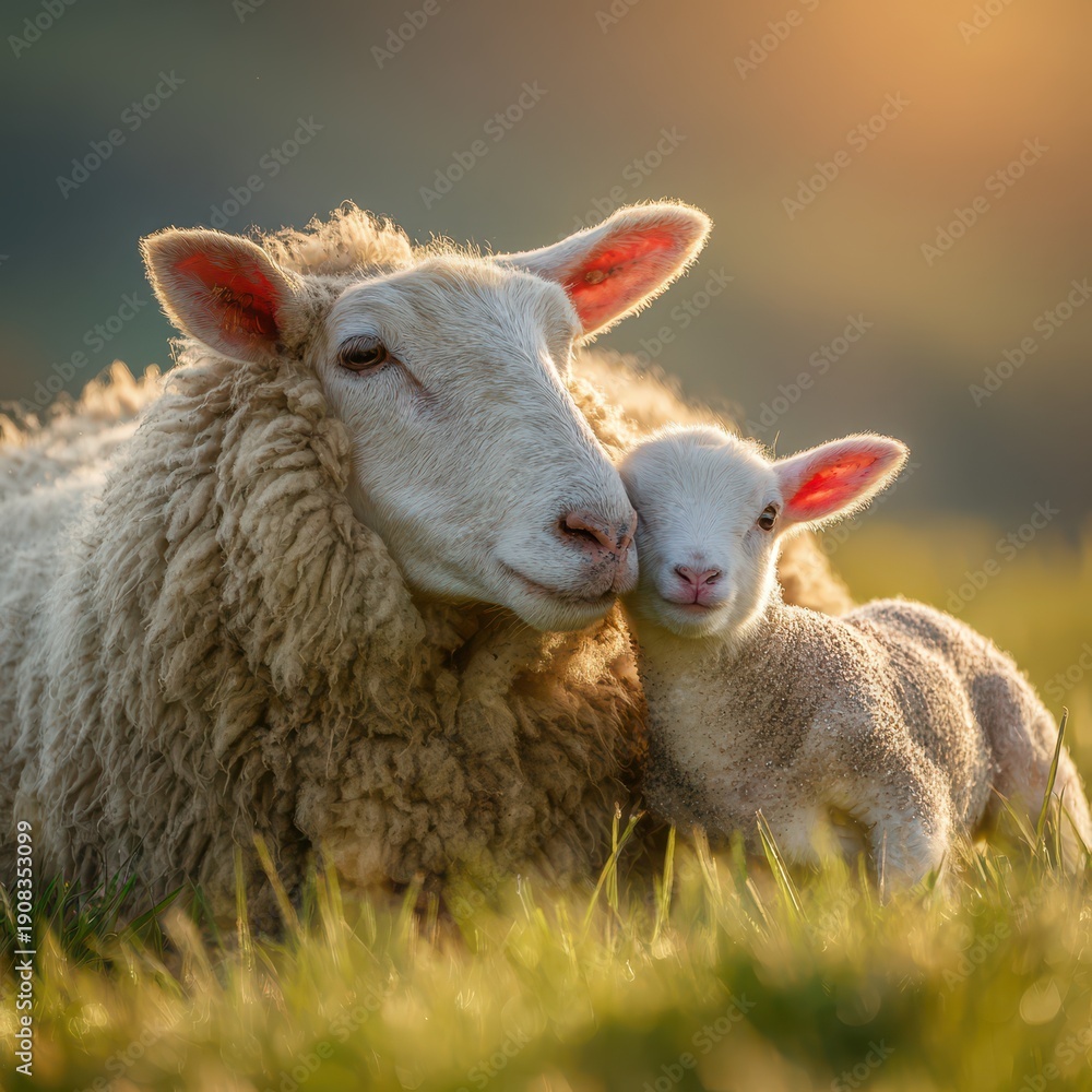 Obraz premium Tender moment between a mother ewe and newborn lamb in a sunlit meadow