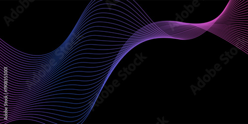 Smooth neon sound wave on black background. Abstract flowing wavy lines design for ai concept, eq equalizer, audio record, voice assistant. Blue pink orange gradient curve stripe wallpaper. Vector
