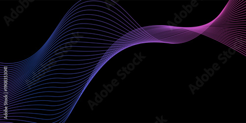 Smooth neon sound wave on black background. Abstract flowing wavy lines design for ai concept, eq equalizer, audio record, voice assistant. Blue pink orange gradient curve stripe wallpaper. Vector
