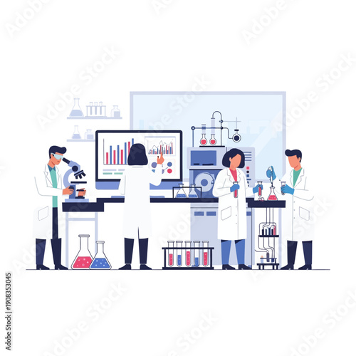 Scientists working in modern laboratory with advanced equipment and data analysis
