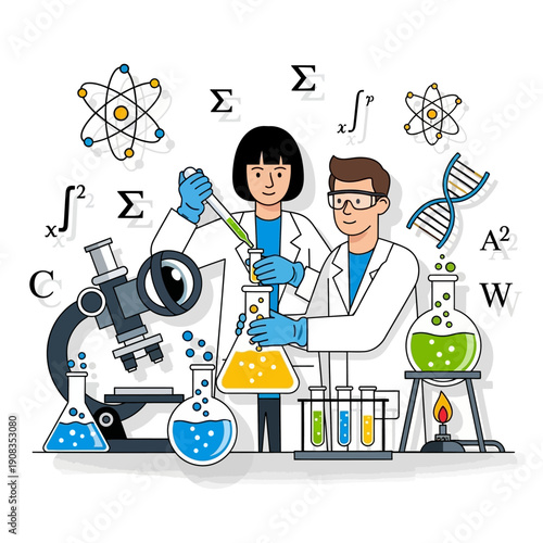 Scientists conducting experiment in laboratory with scientific symbols and equipment