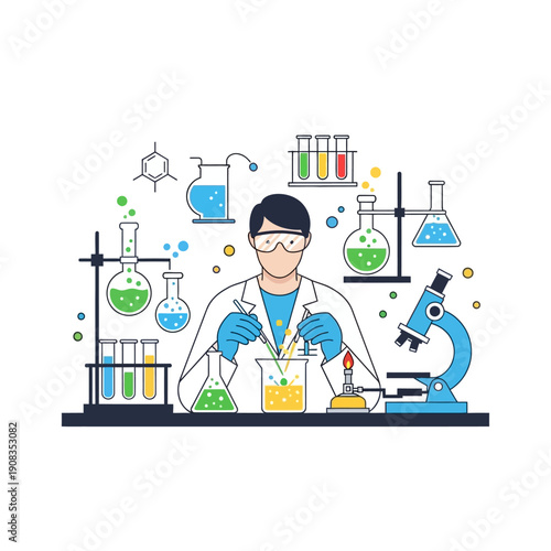 Scientist working in laboratory with glassware, microscope, and chemical reactions