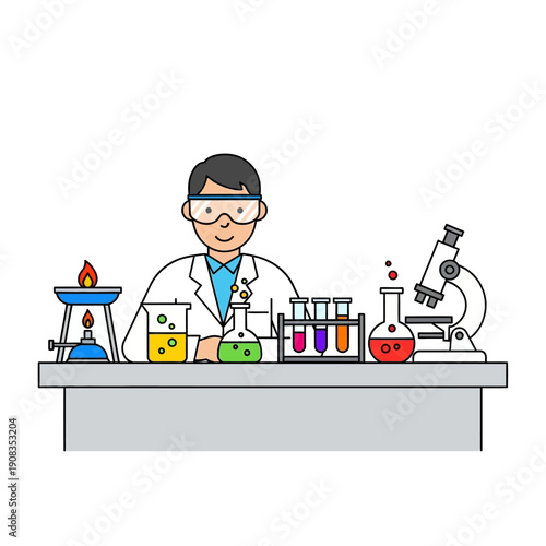 Scientist in Lab Coat Conducting Experiment with Beakers and Microscope